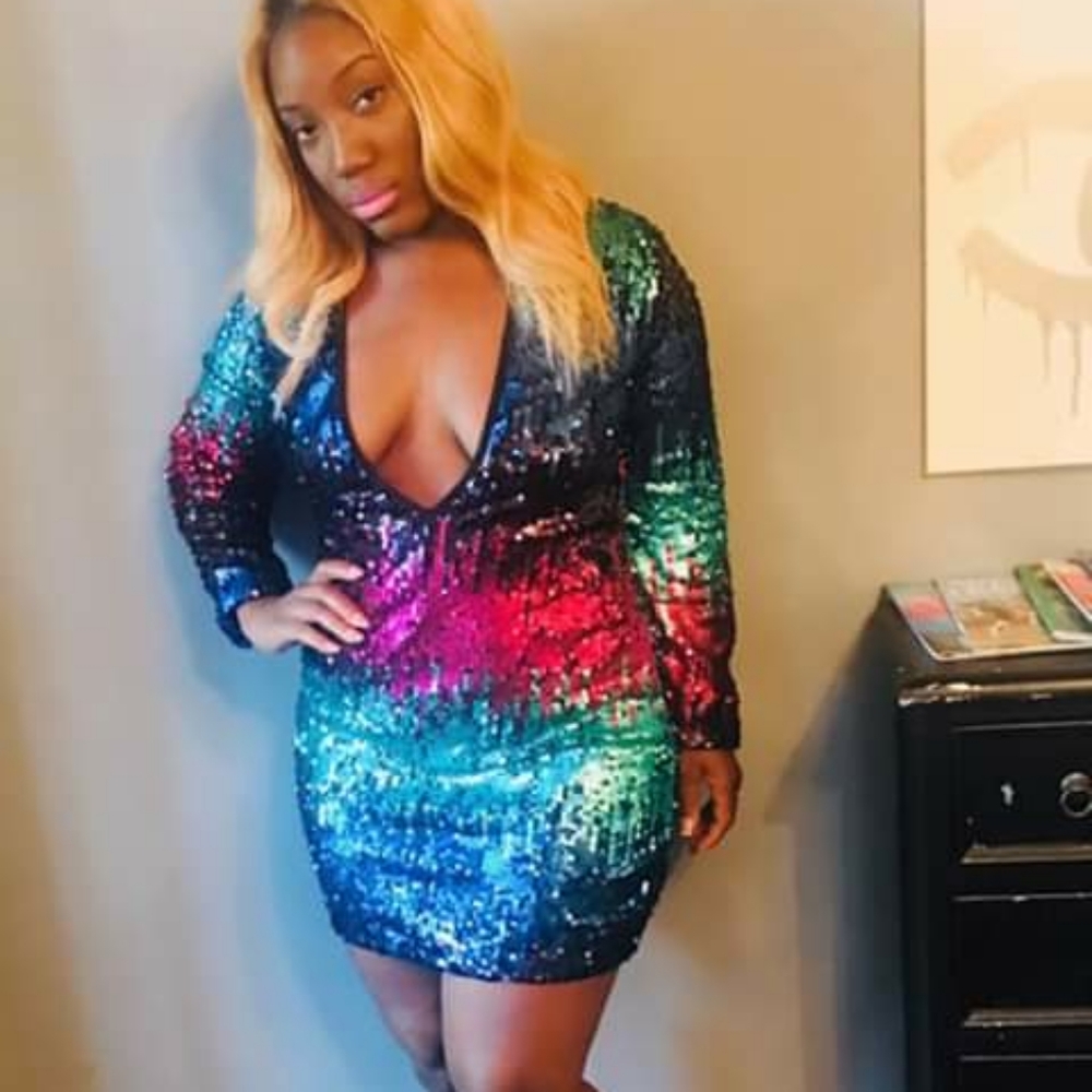 Colorful sequin mini dress with deep v cut neck